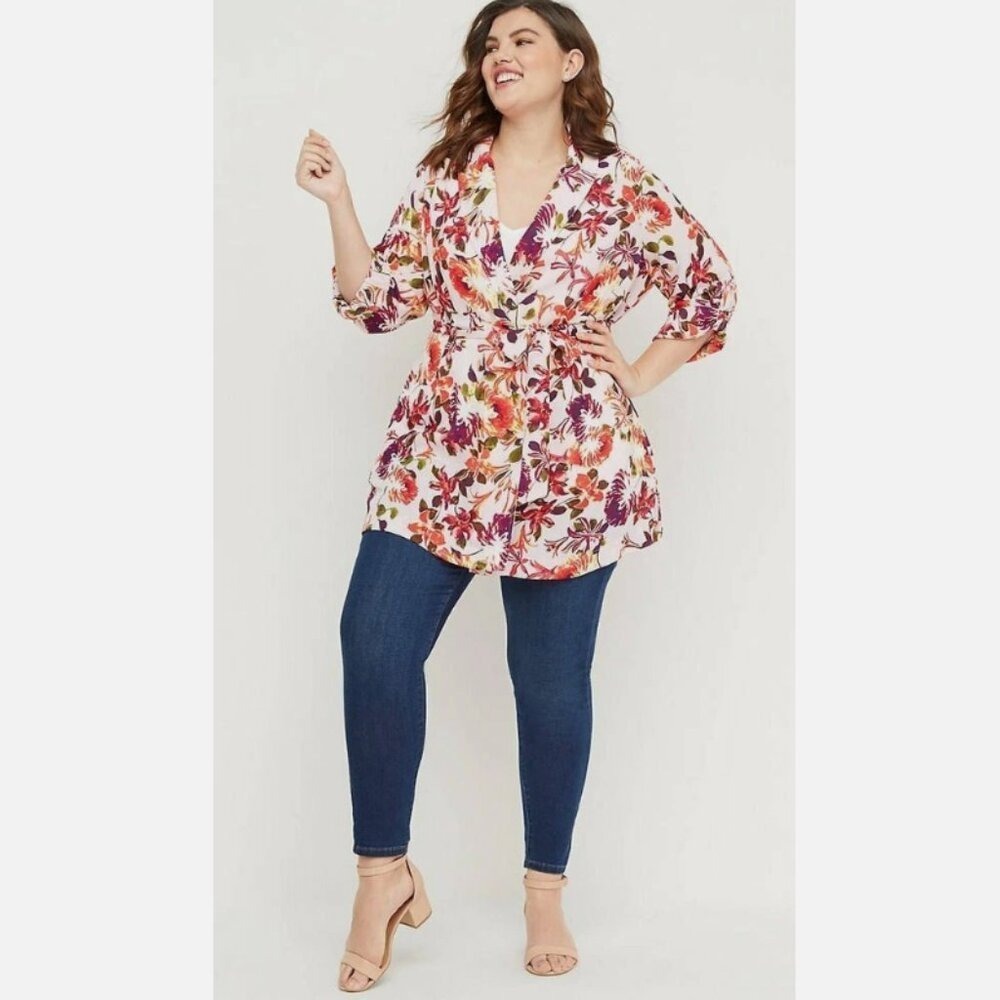 New Lane Bryant Pink Floral Multi Rolled Tab Belted Long Kimono size 14/16